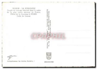 Para w regionalnym stroju w ramach najstarszego hotelu we Francji, Hotel de la Couronne w Rouen — Wydawnictwo 'La Chignogne' — Rewers