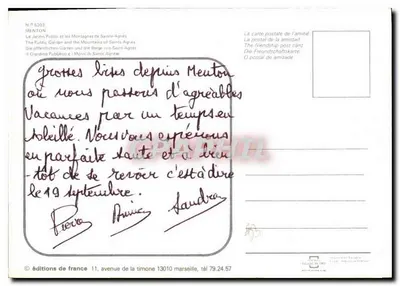Publiczny ogród i góry Świętej Agnieszki — Menton — wydawnictwo Francji, nr 5203 — Rewers