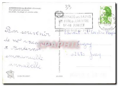 Andernos-les-Bains — Vista aérea general — La dársena, la playa y el centro de la ciudad — Editor Maçon — Reverso