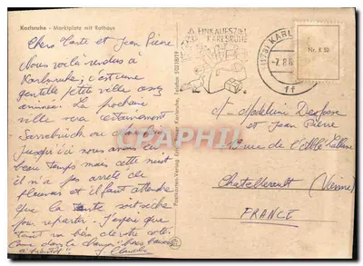 Karlsruhe - Marktplatz mit Rathaus — éditeur Postkarten-Verlag Karlsruhe, n° K 52 — Rewers