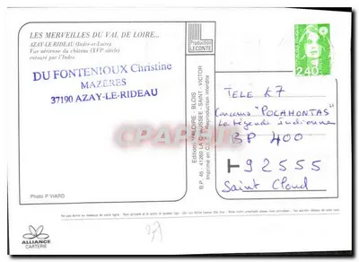 Azay-le-Rideau — widok z lotu ptaka z zamkiem (XVI wiek) — Wydawnictwo LECONTE — Rewers