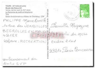 Spotkanie Judyty i Holofernego — Muzeum Sztuk Pięknych w Tours — Wydawnictwo GAUD 77950 MOISENAY — Rewers