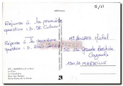 Marseille — nocna widokówka z Vieux-Port, ulicą, Canebière i bazyliką Notre-Dame de la Garde — Wydawnictwo Tardy — Rewers