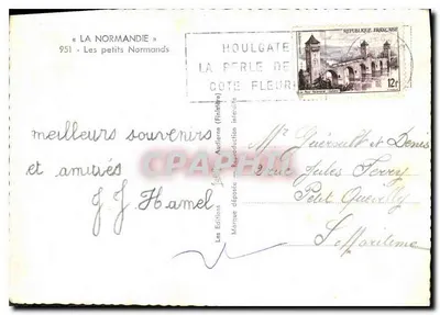 Dois crianças em trajes normandos — « LA NORMANDIE » 951 — Os pequenos Normandos — Éditions J.J. Hamel — Verso