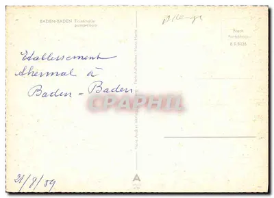 Baden-Baden — Trinkhalle (pump-room) — Hans Andres Verlag, B 9/8226 — Verso