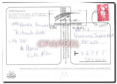 VIRE — Ruiny starego wieżowca, brama zegarowa, kościoł św. Anny, odbudowana stara farma — Wydawnictwo Bretanii, nr 14380 — Rewers