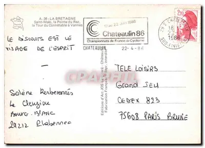 Carta postal turística da Bretanha — Edições de Arte JOS, Châteaulin — n° 36 — Verso