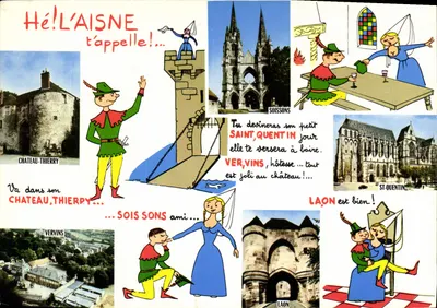 L'Aisne — Carta humorística com ilustrações de locais: Château-Thierry, Soissons, Vervins, Laon e Saint-Quentin