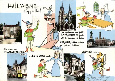 L'Aisne — Carte humorística com ilustrações de locais e personagens