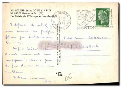 Menton — O Palácio da Europa e seus Jardins — Edição Y. P. A. Nice — Verso