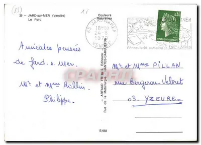 Praia animada em Jard-sur-Mer — vista da baía com vela e banhistas — editor Artaud Frères, n° E/658 — Verso