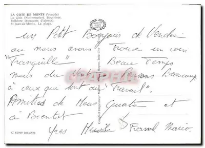 Côte de Monts — widok panoramiczny, dom w stylu wiejskim, młynek wiatrowy, plaża i przystań — wydawca nieczytelny — Rewers