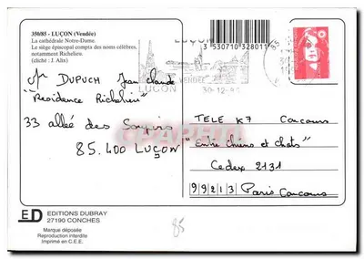 Luçon — Catedral de Nossa Senhora — Edições Dubray, n° 350/85 — Verso
