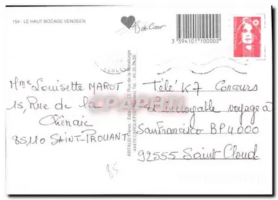 O Alto Bocage Vendéen — cartão postal turístico — ARTAUD Frères, n°154 — Verso