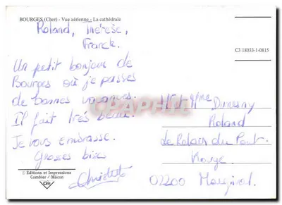 Bourges — Widok z lotu nad katedrą — Wydawnictwo i Druki Combier / Mâcon — Rewers