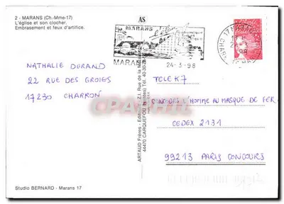 Marans (Charente-Maritime) — Kościół i jego dzwonnica oświetlone przez sztuczne ogniwa — Studio Bernard, Marans 17 — Rewers