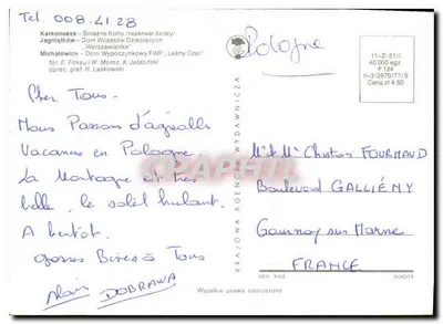 Michałowice — Snieżne Kotły — Karta pocztowa turystyczna z mapą i zdjęciami — Rewers