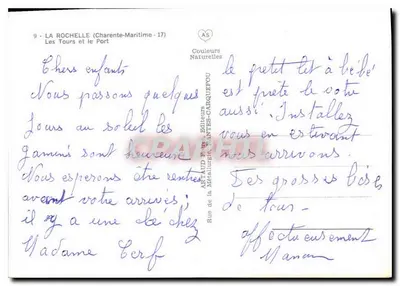 La Rochelle (Charente-Maritime) — Les Tours et le Port — Couleurs Naturelles, éditeurs ARTAUD & Cie, NANTES-CARQUEFOU — Verso