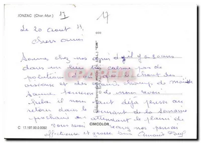 Jonzac — widok z powietrza, młynek wiatrowy, zamek — wydawca CIMCOLOR, nr 17.197.00.0092 — Rewers