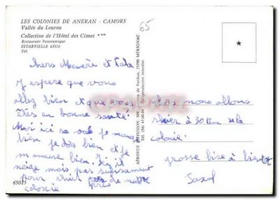 Les Colonies de Aneran - Camors — Dolina Lourou — Restauracja Panoramica — Wydawca: Diffusion 509, Avenue de Verdun, 33700 Méribac — Rewers