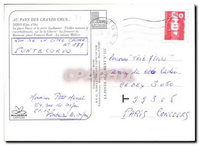Dijon — widok panoramiczny, fontanna, domy z belkami — Wydawnictwo Léconte — Rewers