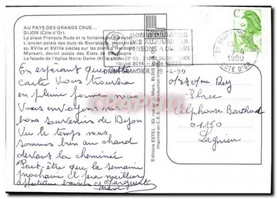Dijon — widok placu François Rude, katedry i pałacu duchów — wydawca Etel — Rewers