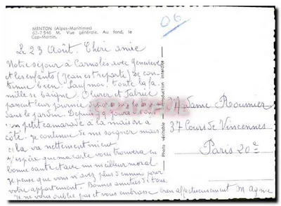 Menton (Alpes-Maritimes) — Ogólny widok, Cap-Martin w tle — wydawca nieznany, nr serii 06 — Rewers