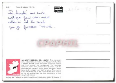 Cruz celta e torre redonda — Monasterboice, Co. Louth, Irlanda — John Hinde Limited — Verso