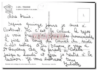 Toulouse — A praça do Capitólio e suas arcadas — Impressa sobre Garonne — Verso