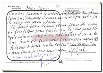 Menton — ogólny widok — FISA I.G.S. - wydruk w Hiszpanii — Rewers