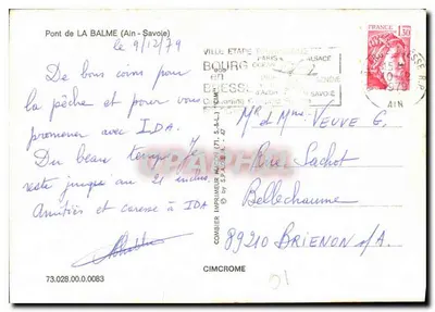 Most La Balme (Ain) — widok mostu nad Rzeczą, skały i dom — wydawca Cim — Rewers
