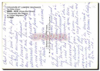 Nice - Promenade dos Ingleses — Bar-Restaurante Bains de la Plage e Hotel Négresco — Edições de Arte VON PARIS — Verso