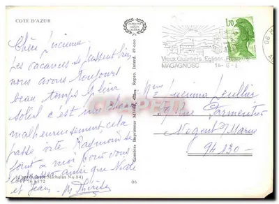 Côte d'Azur — Carte postale turística com cartas e fotos — editor Michelin, série 84 — Verso