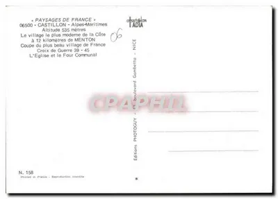 Castillon - Alpes-Maritimes — najnowszy wiejski kraj nad wybrzeże, kościoł i piec gminny — Wydawnictwo ADIA, nr 158 — Rewers