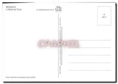 Hotel de Paris — Mônaco — editor MULTIPRINT — Verso