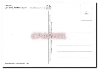 Principado de Mônaco — A Casa de Cassino de Monte-Carlo — editor MULTIPRINT, n° 98015 — Verso