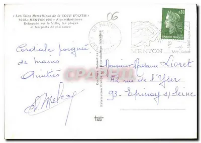 Menton — Widok na zatokę i port — Côte d'Azur, wydawca Couleurs Naturelles — Rewers