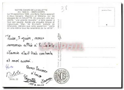 Nuestra Señora de La Salette — aparición de 1846 — editor Cliché de La Salette — Reverso