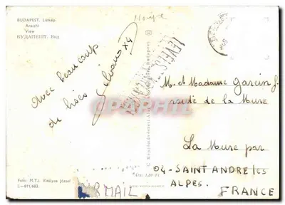 Nocny widok Budapesztu — Most łańcuchowy i kościoł — wydawca M.T.I. Vitályos József, n° 611/683 — Rewers