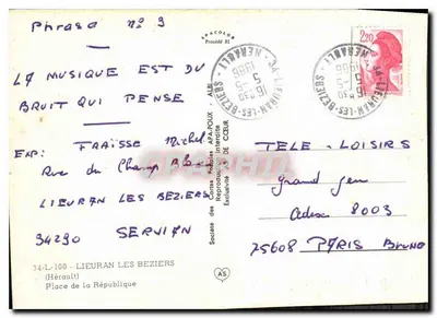 Plaza de la República en Lieuran-les-Béziers — fuente monumental bajo platanos — editor Graphphil, n° 65 — Reverso