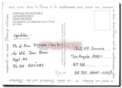 Beziers — vista aérea da catedral e dos 3 pontes sobre o Orb — Edições da Paz — Verso