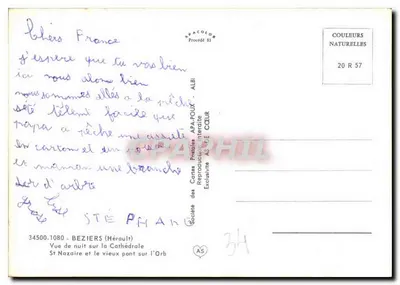 Beziers — Vista nocturna de la catedral y del viejo puente sobre el Orb — Société des Cartes Postales APA-POUX — Reverso