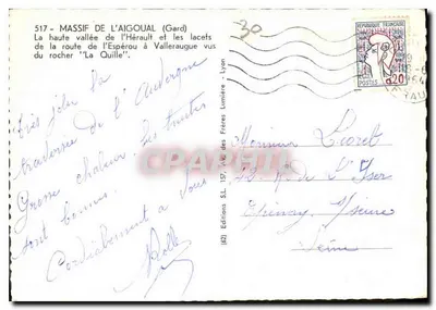 Massif de l'Aigoual (Gard) - Wysoka dolina Hérault i zakręty drogi z Espérou do Valleraugue widziane z skały "La Quille" — Wydawnictwo SL, Lyon — Rewers