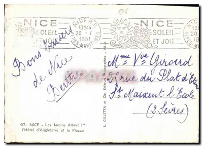 Nice — Les Jardins Albert 1er — Hotel d'Angleterre i Plazza — L. Gilletta et Cie, Wydawcy Fotograficzni — Rewers