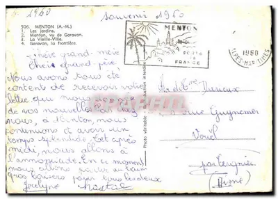 Menton — widok panoramiczny i ogrody Garavan — wydawca Menton (nr 506) — Rewers