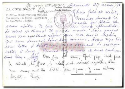 Widok z lotu nad Monako — Le Rocher - Monte-Carlo — Wydawca L. Lareyn, P. 217 — Rewers