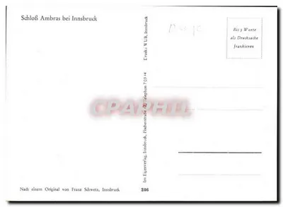 Schloss Ambras perto de Innsbruck — reprodução segundo um original de Franz Schwetz — editor W. U.B. Innsbruck, n° 246 — Verso