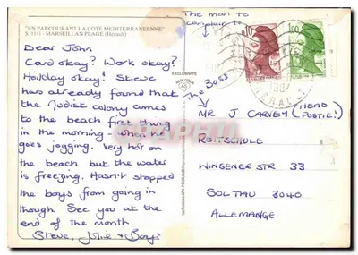 Bilhete postal moderno Percorrendo a Costa Mediterrânea Praia de Marseillan Herault — Verso