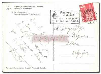 Bilhete postal moderno Exposição Nacional Suíça Lausanne 30 abril 25 outubro 1964 a via suíça e a metamecânica — Verso