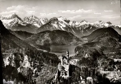 Castelo de Neuschwanstein — vista panorâmica com lago e montanhas — Editor: Franz M. L. Pfeighaar, n° 118/100